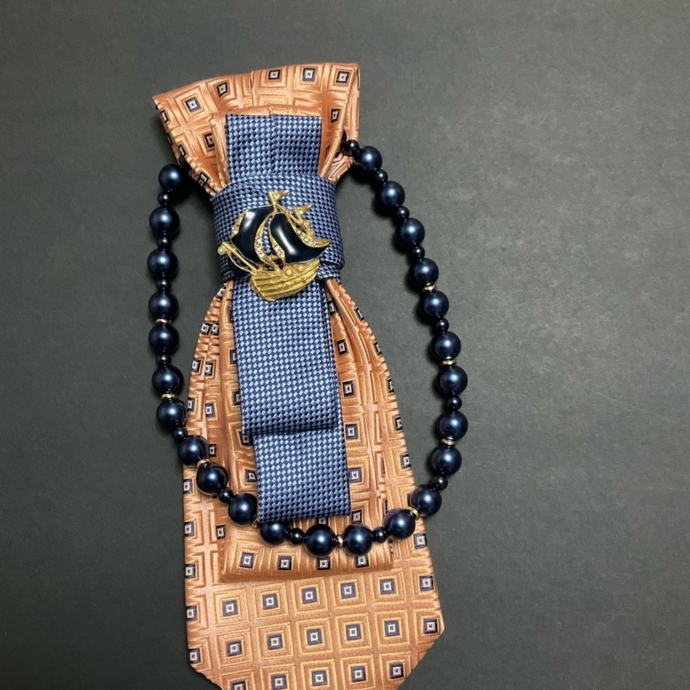 Hand Crafted Necktie Necklace with Vintage Brooch and Blue Beaded Pearl Necklace